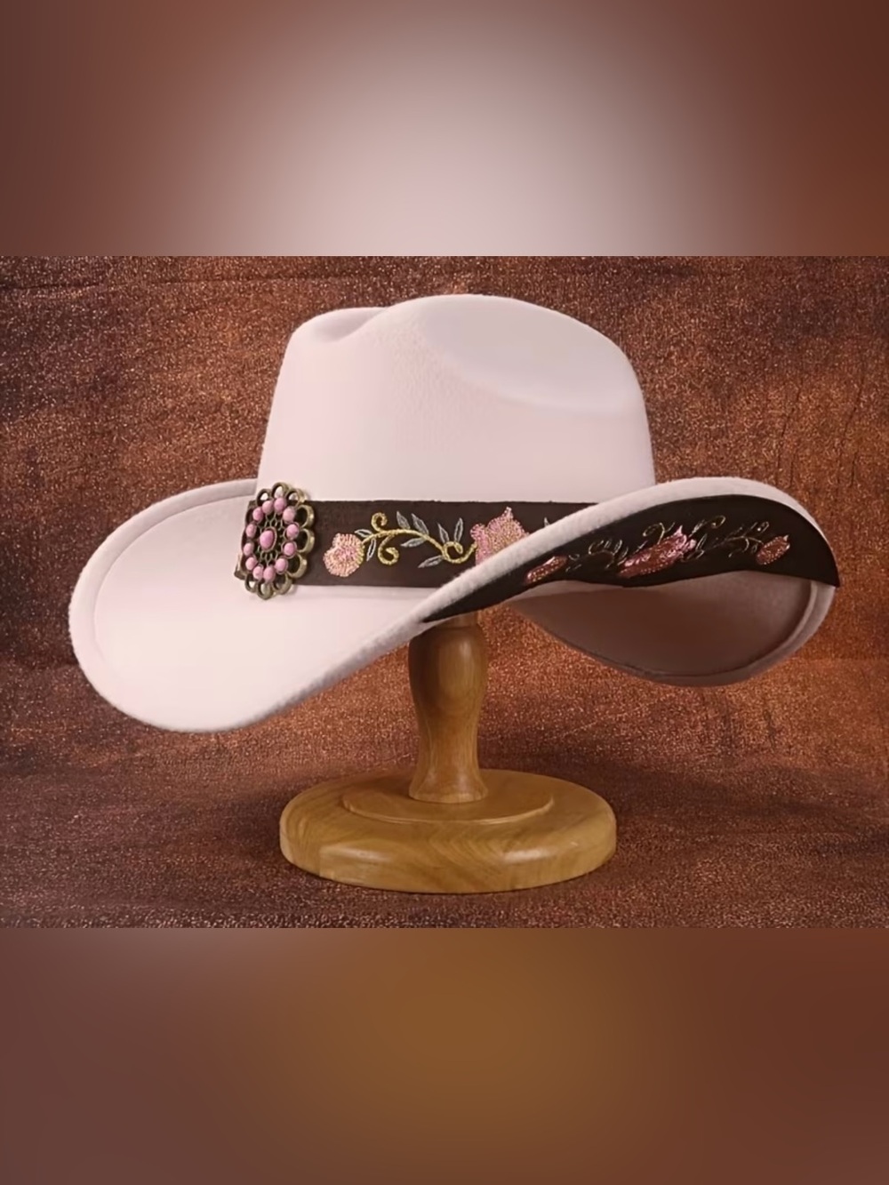 Women’s Pink Embroidered Cowboy Hat with Floral Band